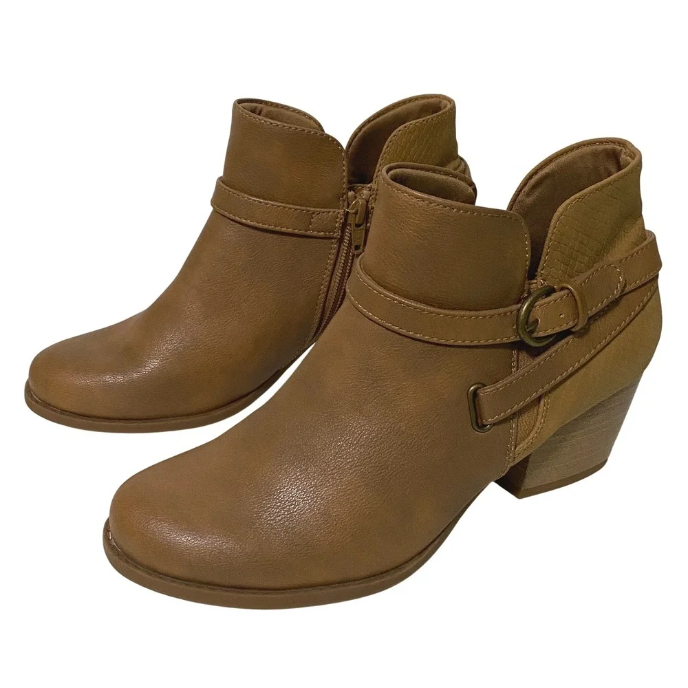 Baretraps Rosalie Womens Caramel Tan Ankle Boots Buckle Block Heel Western Boho